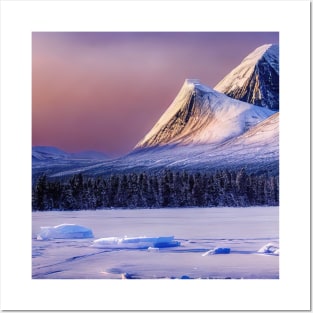 View of the giant mountains that are behind the icy lake and the winter forest Posters and Art